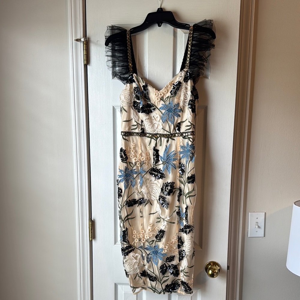 Floral Embroidered Dress with Black Tulle Straps